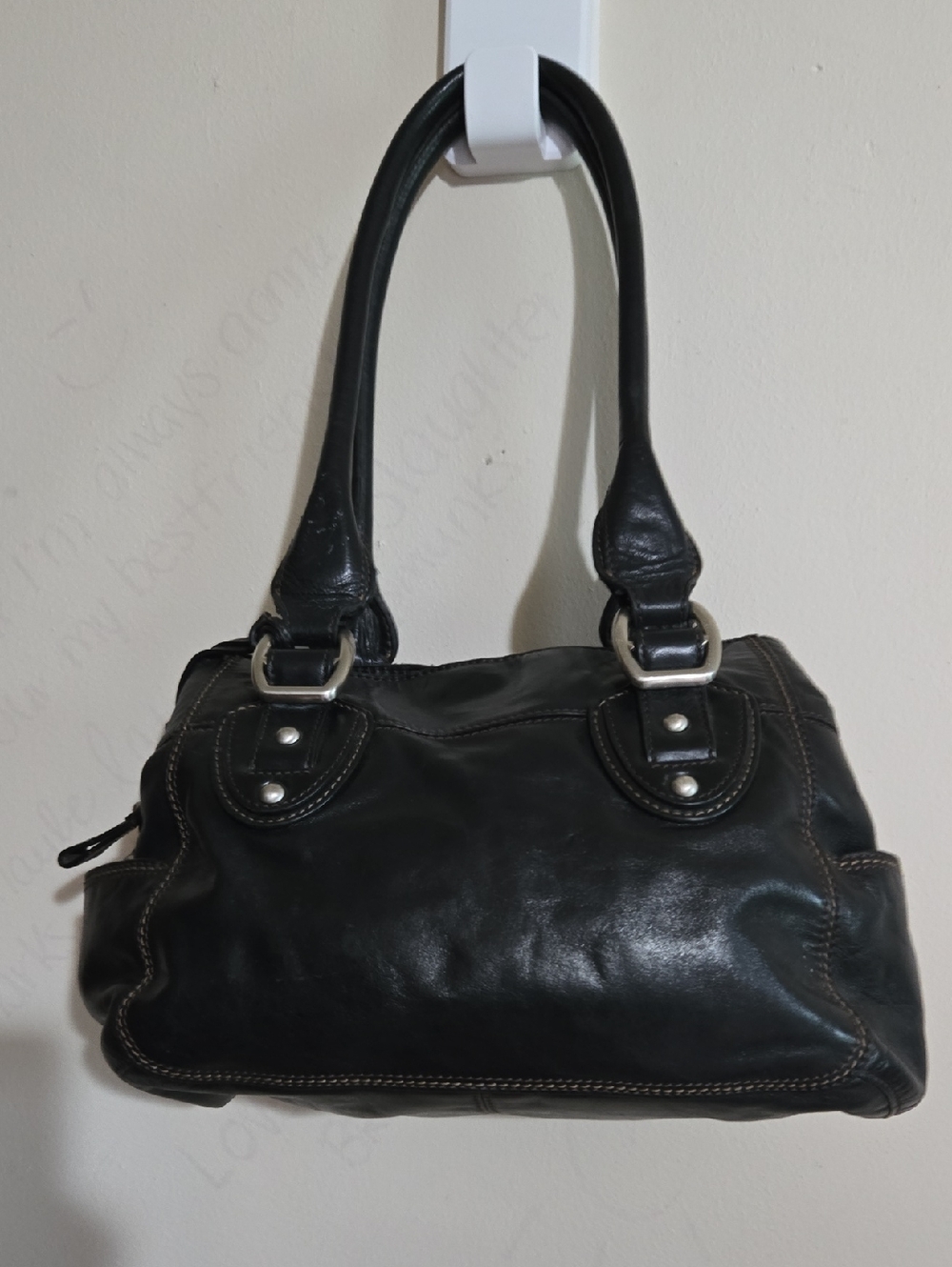 Vintage Fossil Black Leather Shoulder Bag Contrast Stitching Silver Hardware